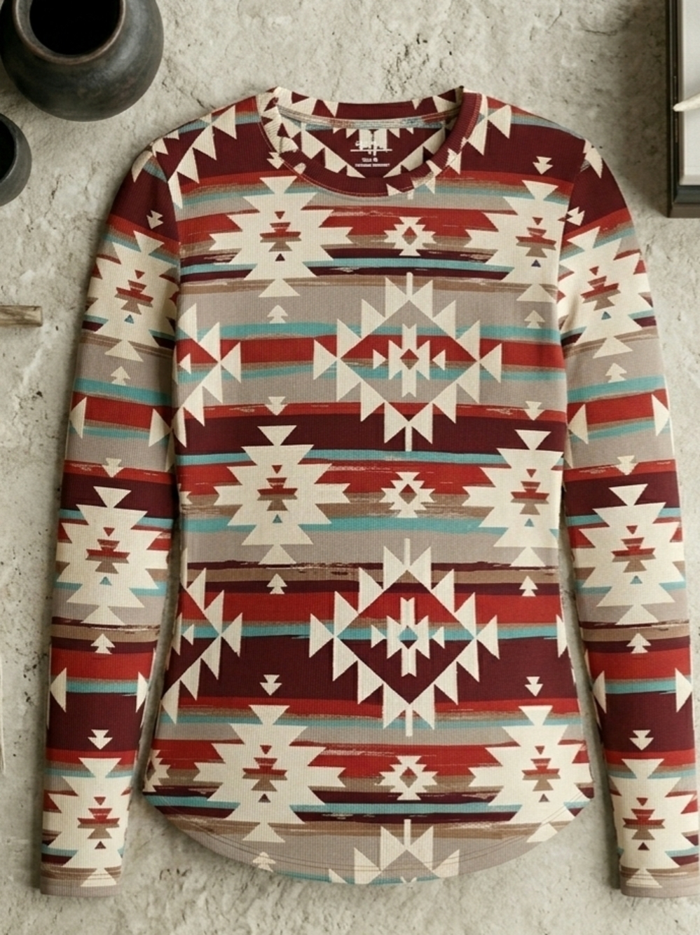 Bohemian Rustic Southwest Aztec Tribal Geometric Style Ribbed Long Sleeve Shirt